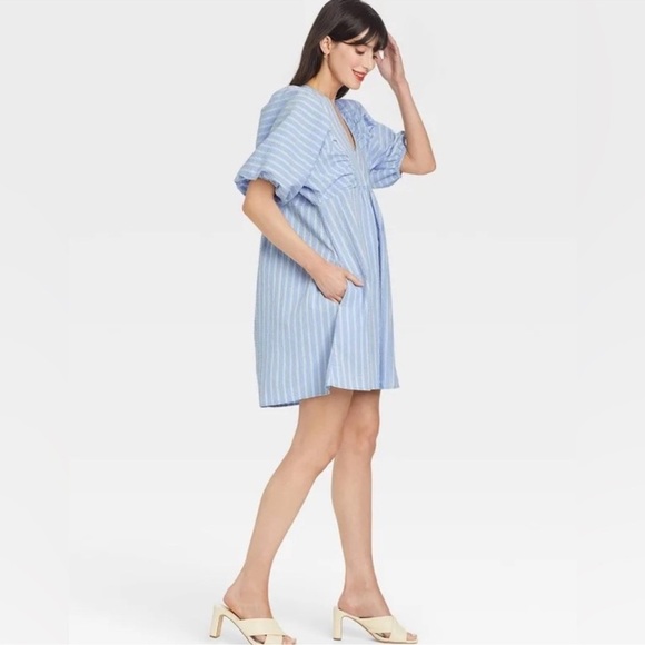 A New Day | Puff Short Sleeve Dress | Cinderella Blue Stripe | Size L - Picture 4 of 7